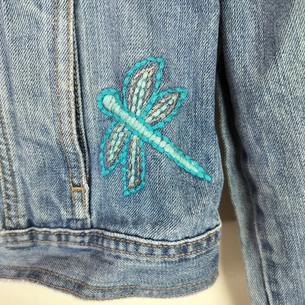 Gap Denim Jacket XL Girls Embroidered Floral Dragonfly Distressed